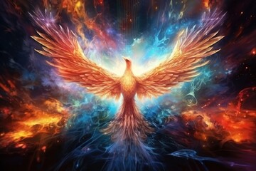 Fototapeta na wymiar Phoenix is flying burning with fire. Birds. Mythical creatures. Generative AI