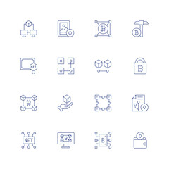 Blockchain line icon set on transparent background with editable stroke. Containing blockchain, art, bitcoin, mining, certificate, padlock, cryptocurrency, smart contract, nft, wallet.