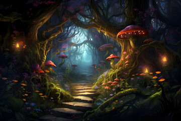 Obraz na płótnie Canvas Fantasy forest with luminescent mushrooms. Fantastic world, beautiful imaginary background.