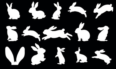 15 white silhouettes of rabbits on a black background. The rabbits are in different poses, some sitting, some standing, some jumping. rabbit ear
