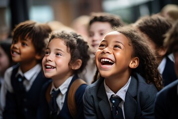 Group of students at aged 10, wearing uniform in class room with happy moment.