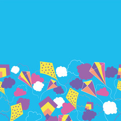 Colorful flying Kites with clouds seamless horizontal border pattern on blue background.