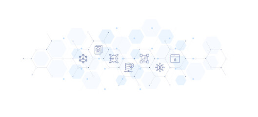 Blockchain banner vector illustration. Style of icon between. Containing blockchain, collection, nft, database, connection, software.