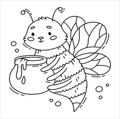 Coloring Page Outline of cartoon little bee with honey. Coloring book for kids. Cartoon bee flying with bucket honey. Black and white vector illustration for coloring book. 82