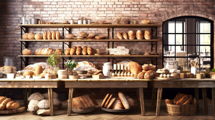 Artisanal bakery showcasing freshly baked bread and pastries on Rustic wooden shelves displaying variety of baked goods. Banner. Generative Ai content.