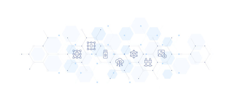 Blockchain banner vector illustration. Style of icon between. Containing block, blockchain, pen drive, cloud, picture.