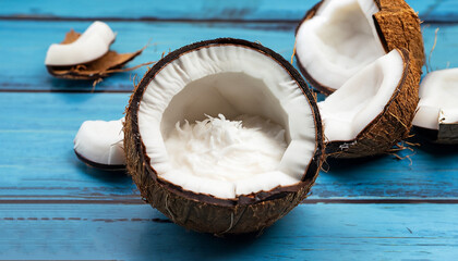 Open coconut with white pulp on blue wooden background. Organic dietary vegan product widely used in cosmetics