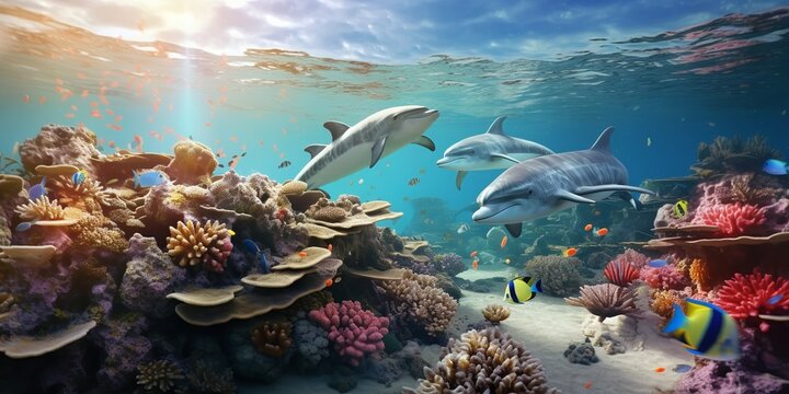 Dolphins and a reef undersea environment. Electronic collage images as wallpaper. Generative Ai.