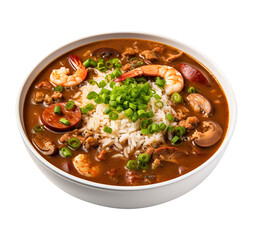 Delicious gumbo with prawns, sausage and rice on transparent or white background, png