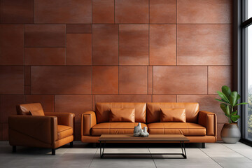 Terracotta leather sofa with stone tile 3d panel wall. Modern living room interior design