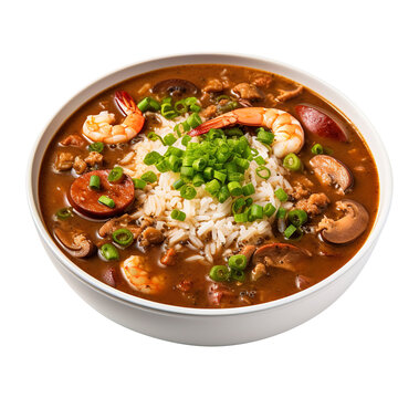 Delicious gumbo with prawns, sausage and rice on transparent or white background, png