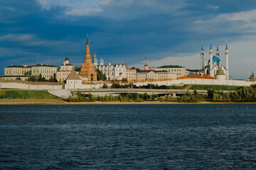 Panoramic summer shot from above of Kazan Kremlin. Tatarstan, Russia. Capital of the Republic of Tatarstan. City centre and landmark line with sunny weather. Sights, churches and mosque Kul-Sharif.