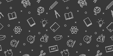 School background. Seamless pattern related with back to school and other educational subjects. Lots of icon graphic elements related with school supplies and classes subjects