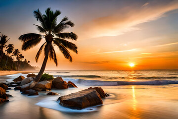 Bright orange sunset view under palm tree branch silhouette. Sand beach seascape. Generative AI