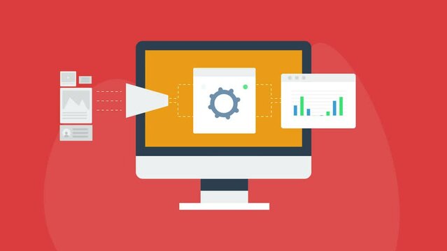 Data extraction software application retrieving information from web content, data mining business intelligence analytics on interface, video animation concept.