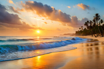 Bright orange sunset view under palm tree branch silhouette. Sand beach seascape. Generative AI