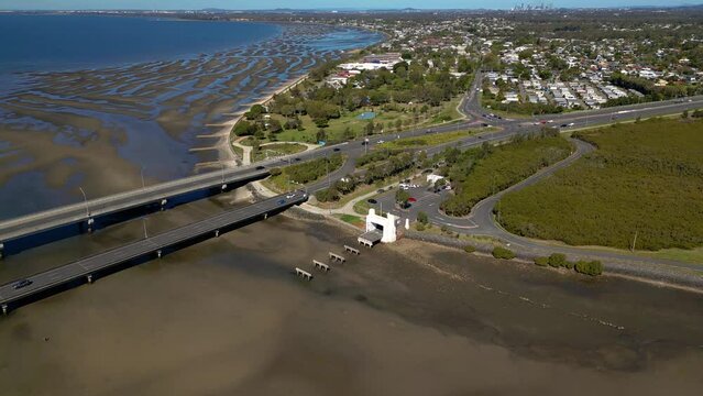 Circular aerial view over the Houghton Highway Bridge between Brighton and Redcliffe Peninsula, Brisbane Australia.