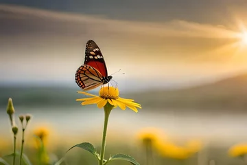 Fotobehang  In a serene wildflower meadow, a monarch butterfly alights gently on a cheerful yellow daisy. © Muhammad