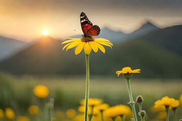  In a serene wildflower meadow, a monarch butterfly alights gently on a cheerful yellow daisy. - obrazy, fototapety, plakaty