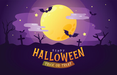 Happy Halloween, Trick or Treat, Spooky Halloween Background with Bats and a Full Moon, Vector, Illustration