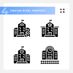 Obraz premium 2D pixel perfect glyph style icons set representing various buildings, silhouette illustration.
