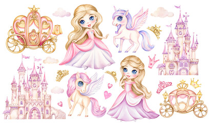 Fairytale watercolor clipart little princess, castle and unicorn. Set of hand drawn illustration of cute fairy tale girl, kingdom, magic pony and carriage in cartoon style isolated on white background