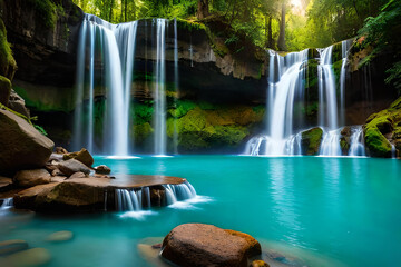 Large wide cascading waterfall in the forest, water flows down the mountainside. Generative AI