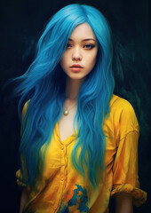 Gorgeous Vietnamese young woman with blue hairs. Stunning portrait generated by Ai