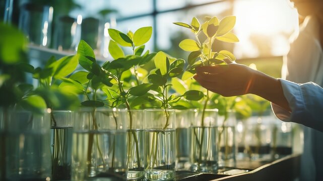 Lab assistant checking up seedling in glass flask with water