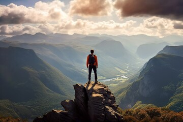 Wanderer steht auf einem Felsen an der Bergspitze und schaut über ein Gebirge mit toller Landscahft 