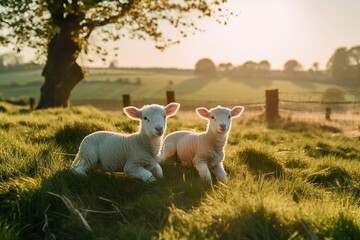 Baby Schaf, Lamm steht auf einer Weide, süßes Schaf auf einer Weide  - obrazy, fototapety, plakaty