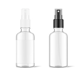 Realistic spray glass bottles mockup with white and black caps. Vector illustration isolated on white background. Сan be used for cosmetic, medical, sanitary and other needs. EPS10.