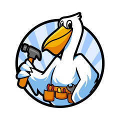 pelican animal cartoon mascot holding hammer and wearing tool belt. mascot for carpenter, builder, construction, maintenance. graphic vector illustration.