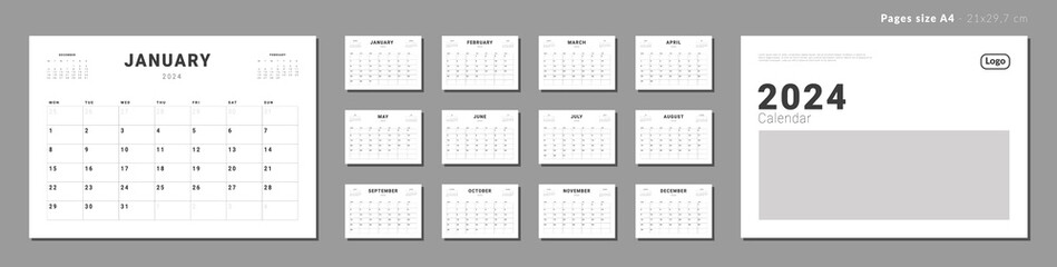 Set of Monthly pages Calendar Planner Templates 2024 for wall or desk with Cover and place for Photo, Company Logo. Vector layout of simple calendar with week start Monday for print. Pages for size A4