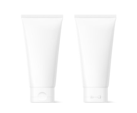 Blank plastic tube mockup for cosmetics with cap. Front and rear view. Vector illustration isolated on white background. Can be use for your design, advertising, promo and etc. EPS10.