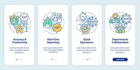 2D icons representing enterprise resource planning mobile app screen set. Walkthrough 4 steps multicolor graphic instructions with thin line icons concept, UI, UX, GUI template.