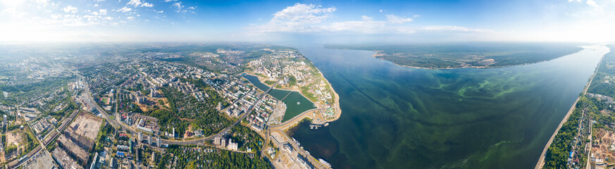 Cheboksary, Russia. Panorama of the city from the air. Cheboksary Bay. Volga River. Sunny day. Panorama 360