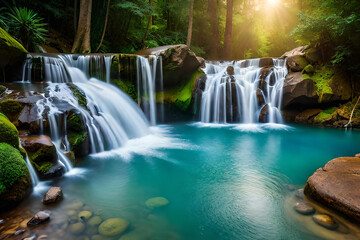 Large wide cascading waterfall in the forest, water flows down the mountainside. Generative AI
