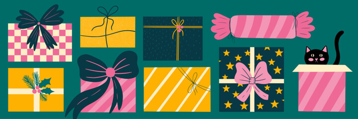 Collection of various vector Christmas gift boxes, festive party design elements set, different Birthday present with ribbons, bows, New Year holiday stickers in cartoon style illustration