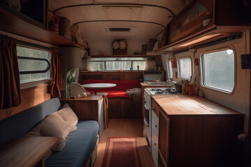 Shy Interior of motor home camping car, furnishing decor of salon area, comfortable modern caravan house design. Relaxation areas for road travel. Travelling and entertainment concept. Generative AI