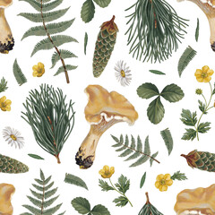 Seamless pattern design with hand painted acrylic botanical illustrations of forest nature. Cottegecore style. Perfect for prints, textile, wallpaper, packaging design, stationery and other goods - 634963370