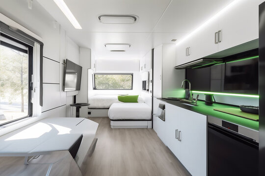 High-tech Interior of motor home camping car, furnishing decor of salon area, comfortable modern caravan house design. Relaxation areas for road travel. Travelling entertainment concept. Generative AI