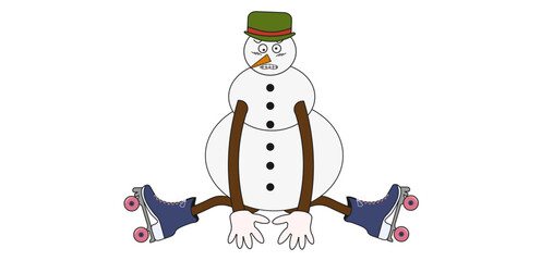 Christmas Groovy Character in trendy Y2K style. Cute and funny Snowman in Hat on rollers on isolated on transparent background. Vector illustration. PNG Emoticon Xmas character.