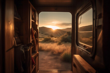 Sunset or sunrise through motor home caravan RV front door from inside. Cosy relaxation, scenic early morning late evening view from recreation vehicle. Camper van car road trip theme concept