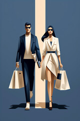 Generative AI illustration of beautiful shopping couple with bags in hands