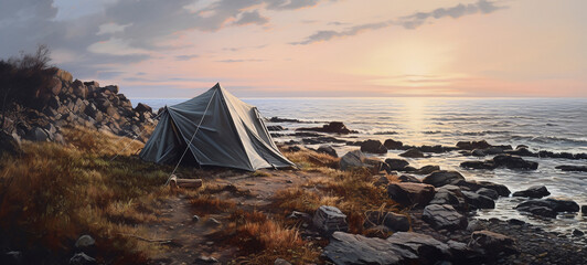 A day of tourism, a tent near the sea and rocks, generative AI