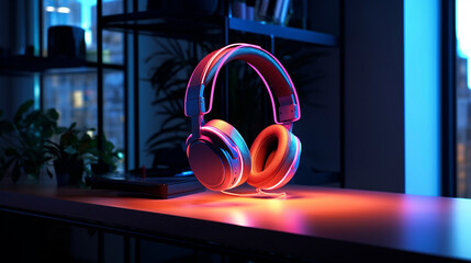 Fototapeta na wymiar A day of music, headphones in neon lights stand on the table, generative AI