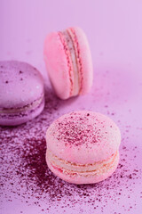 Close up of Pastel colored sweet french macaroons and splash of dry blueberry powder on pink background. Beautiful composition for bakery and pastry shop