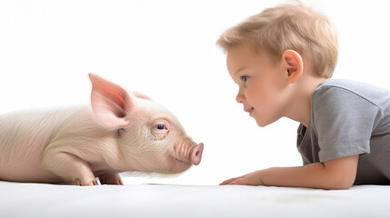 Veggie Day, a little boy sits across from a little pig, generative AI