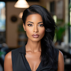Attractive African American girl with black hair , successful small business owner, Glam Stock Photo for Hair and Beauty brands, melanin shoot